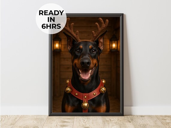 Doberman Reindeer Antlers Jingle Bell Collar Christmas Portrait Poster