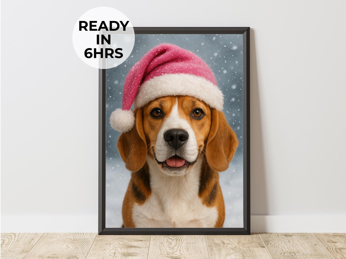 Winter Pet Portrait, Pink Santa Dog Art Print