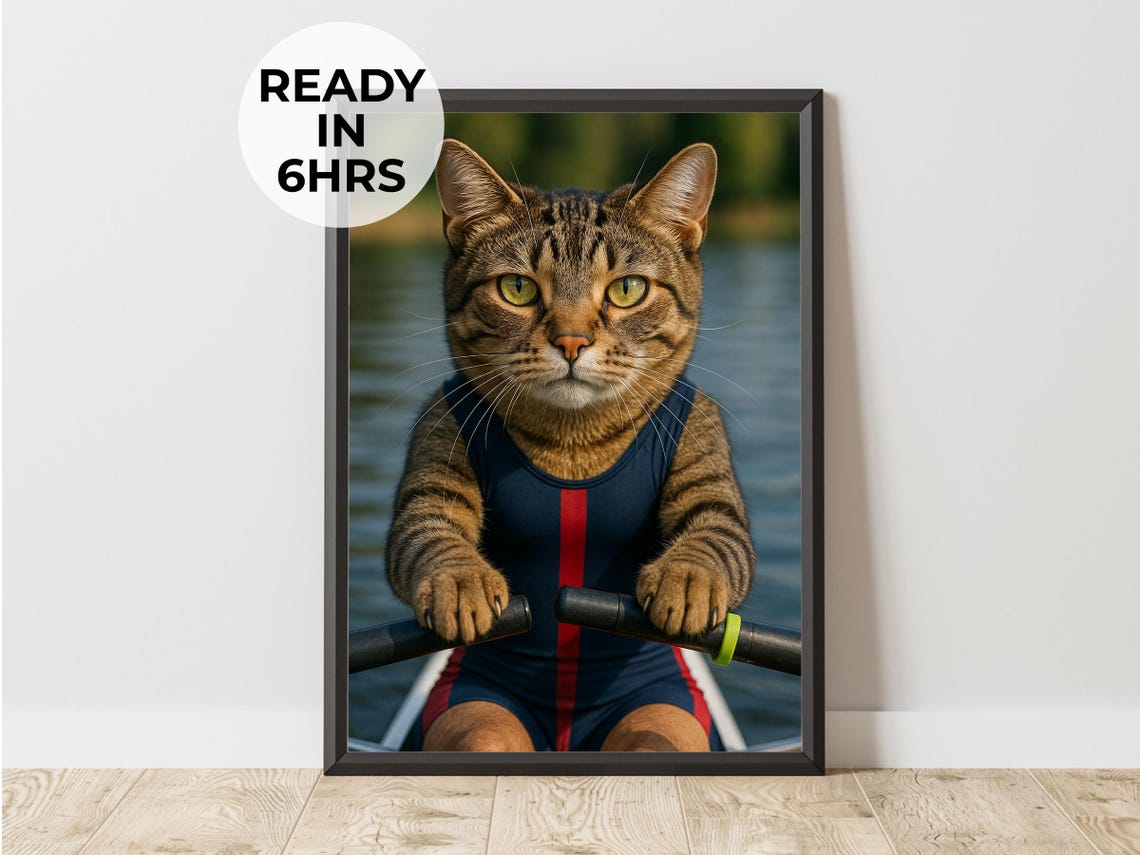 Rowing Cat Crew Athlete Tabby Cat Funny Sports Pet Portrait Poster