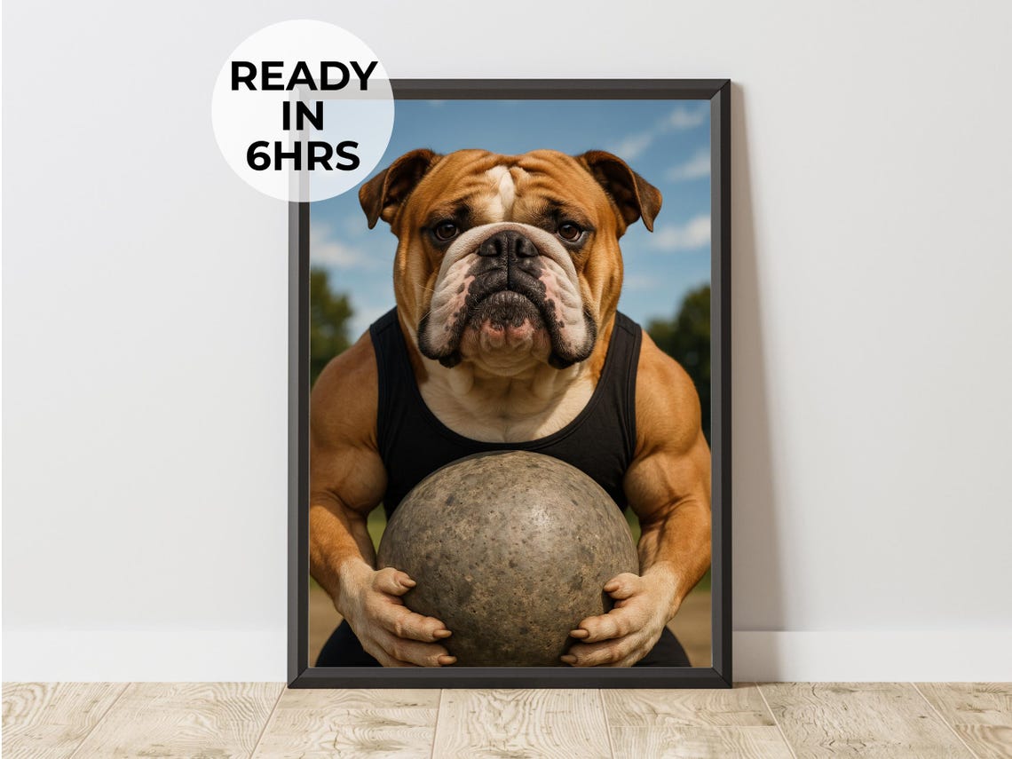 Custom Strongman Pet Portrait Muscular Bulldog Atlas Stone Poster