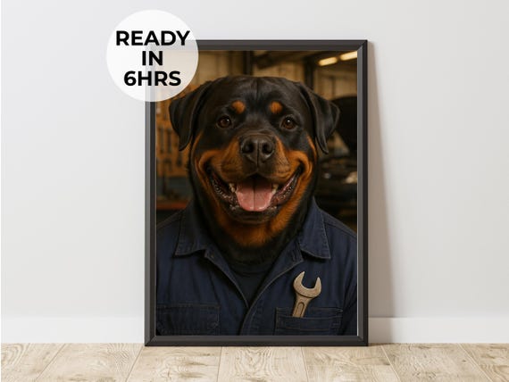 Mechanic Pet Portrait Custom Dog Or Cat Artwork Funny Garage Art Car Lovers
