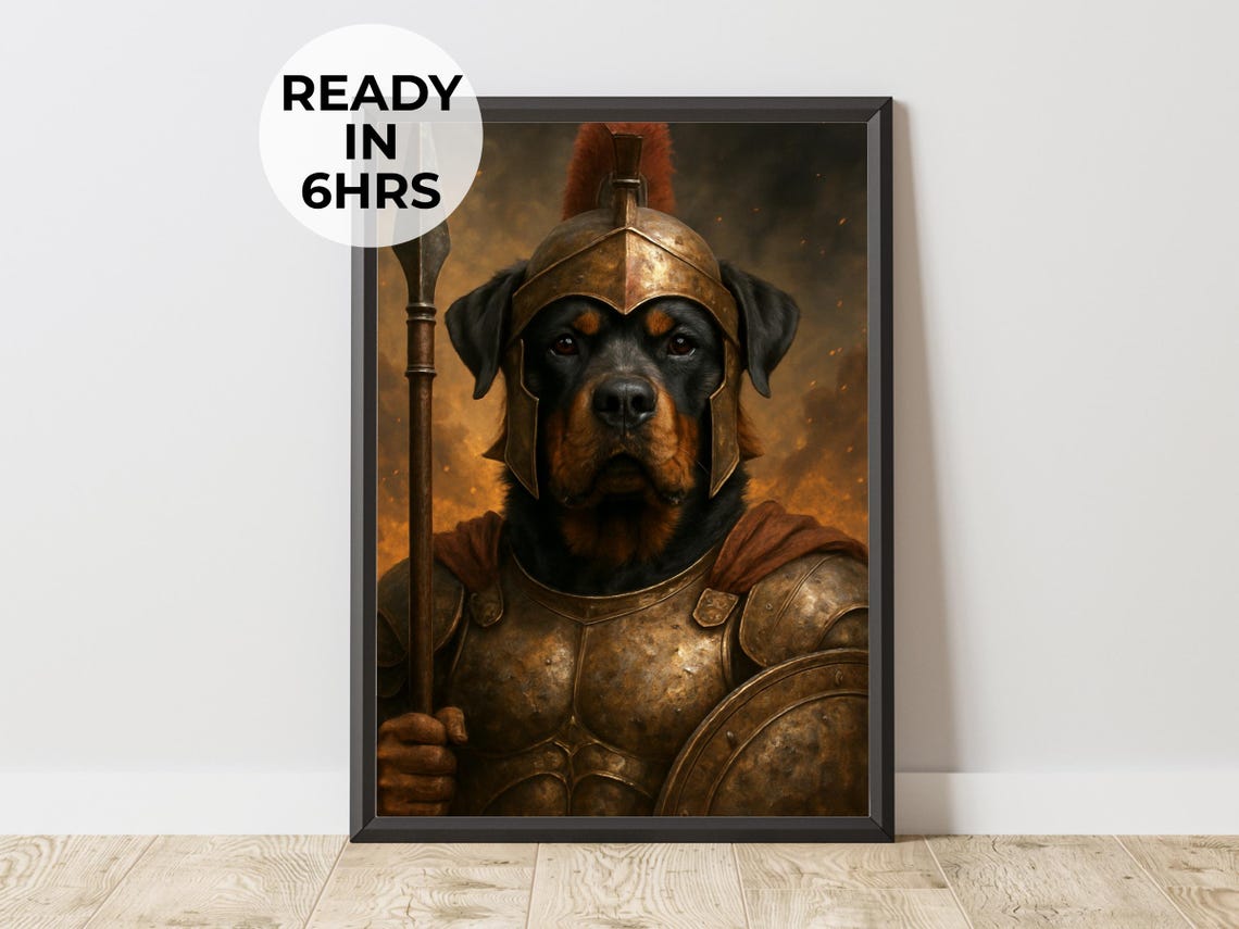 Rottweiler Gladiator Armor Helmet Spear Shield Battle Portrait Poster
