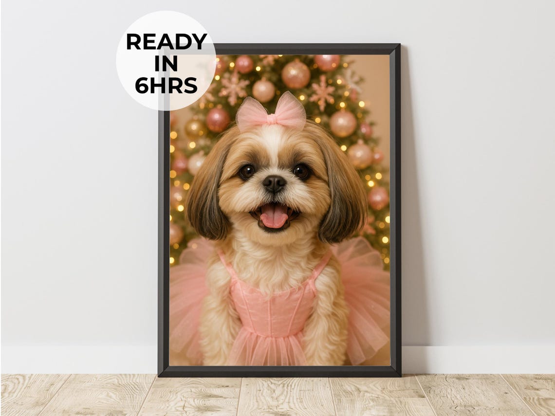 Pink Tutu Ballerina Dog Portrait Funny Christmas Pet Art Poster