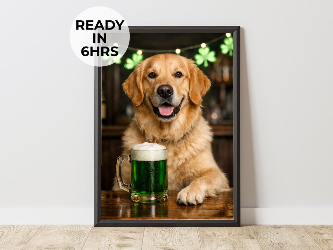 Custom Golden Retriever Green Beer St Patricks Day Pet Portrait Poster