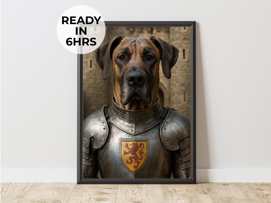 Custom Medieval Knight Dog Portrait With Armor and Lion Shield Poster