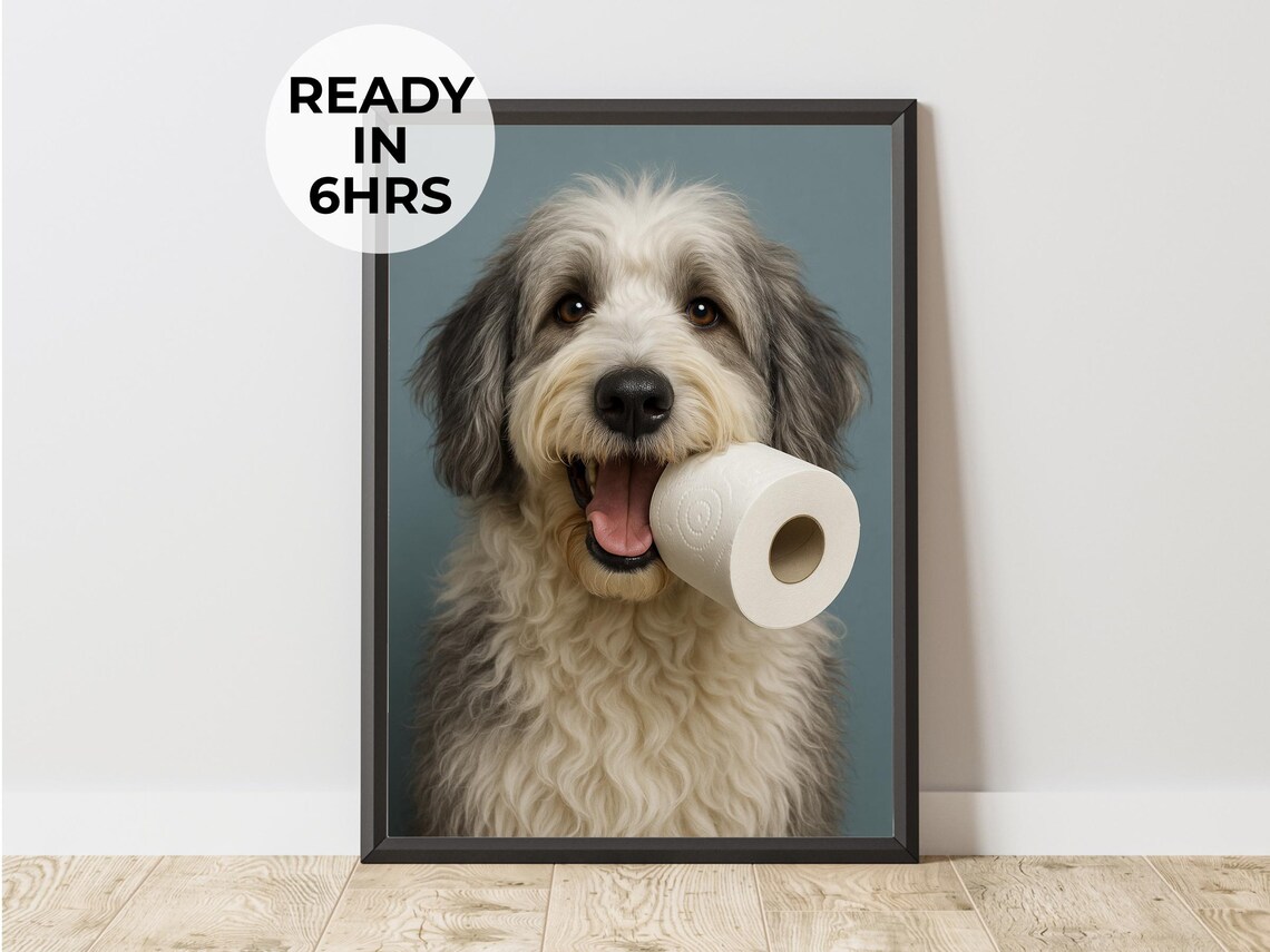 Shaggy Dog Toilet Paper Roll Mouth Funny Mischief Pet Art Poster