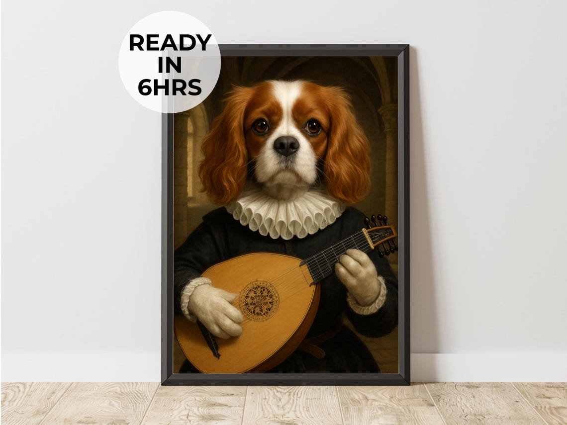 Renaissance Lute Dog Cavalier Spaniel Classical Music Art Poster