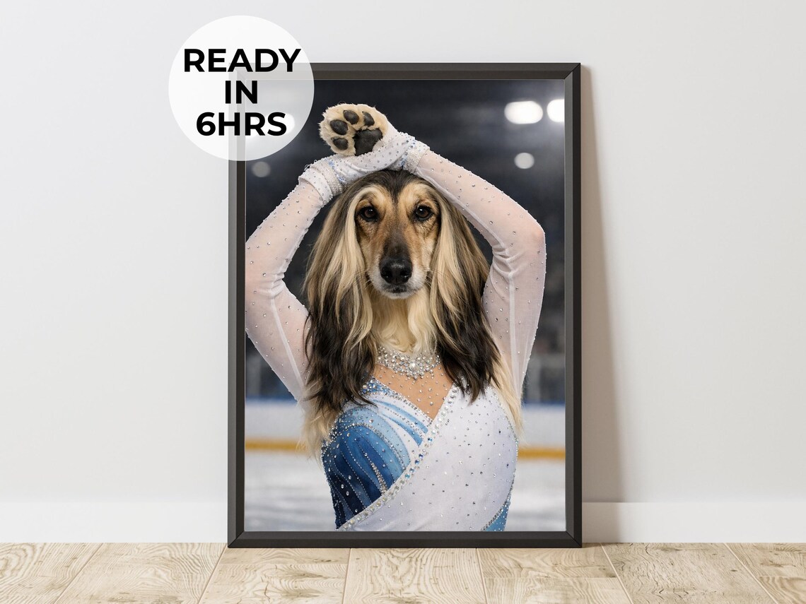 Custom Afghan Hound Figure Skater Portrait Funny Ice Dance Dog Wall Art