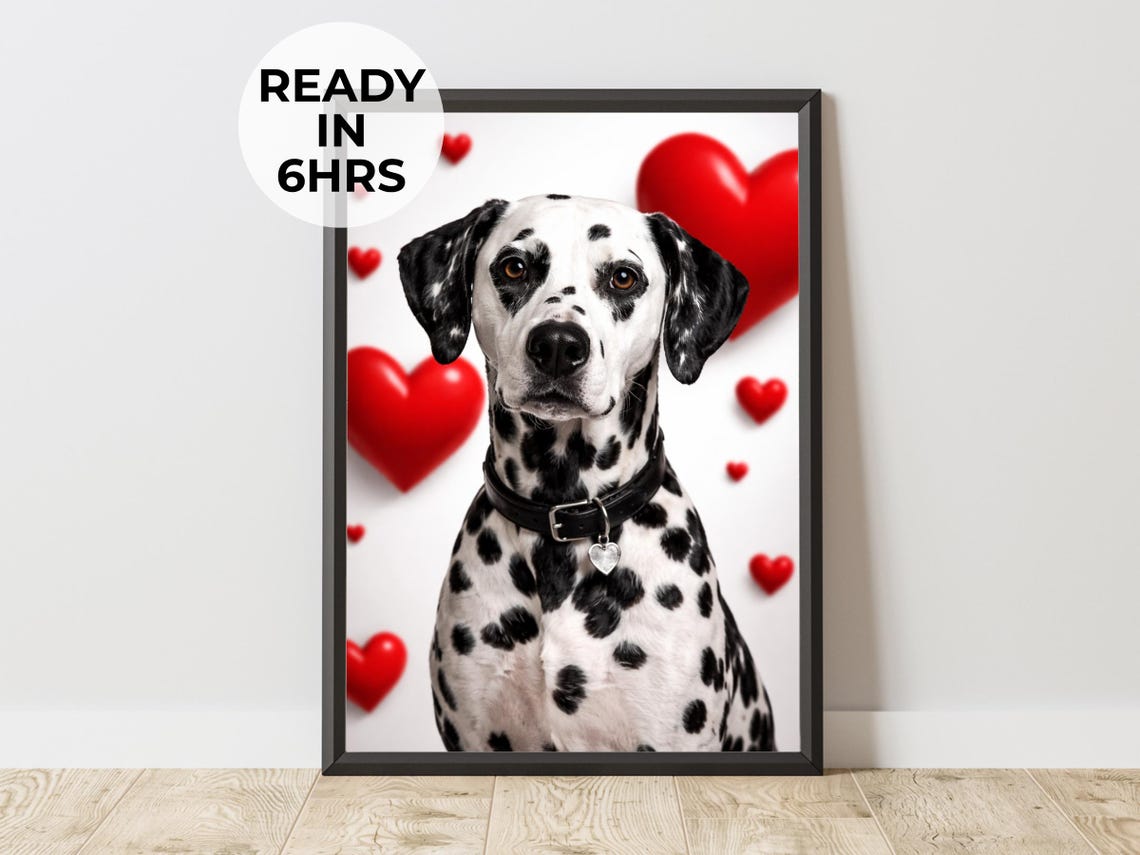 Custom Dalmatian Red Hearts Valentine Spotted Pet Portrait Poster