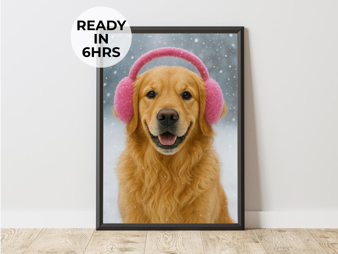 Golden Retriever Pink Earmuffs Winter Snow Dog Portrait Poster