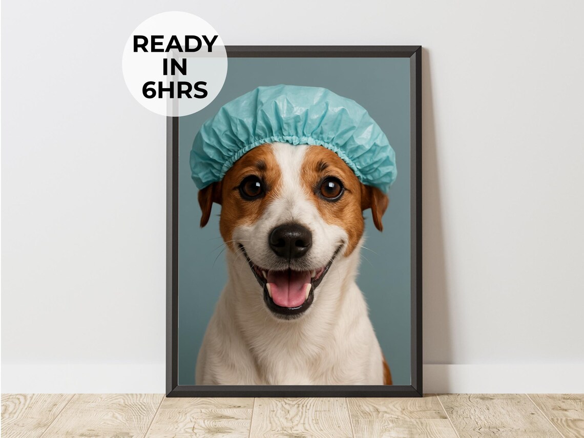 Smiling Jack Russell Terrier In Shower Cap Funny Pet Portrait Bath Poster