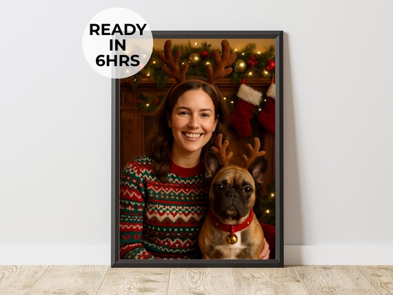 Custom Reindeer Pet Portrait Antler Headband Christmas Dog Poster
