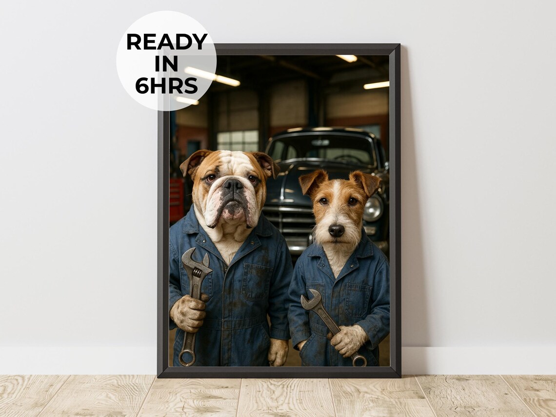 Custom Mechanic Pet Portrait, Funny Duo Art Print