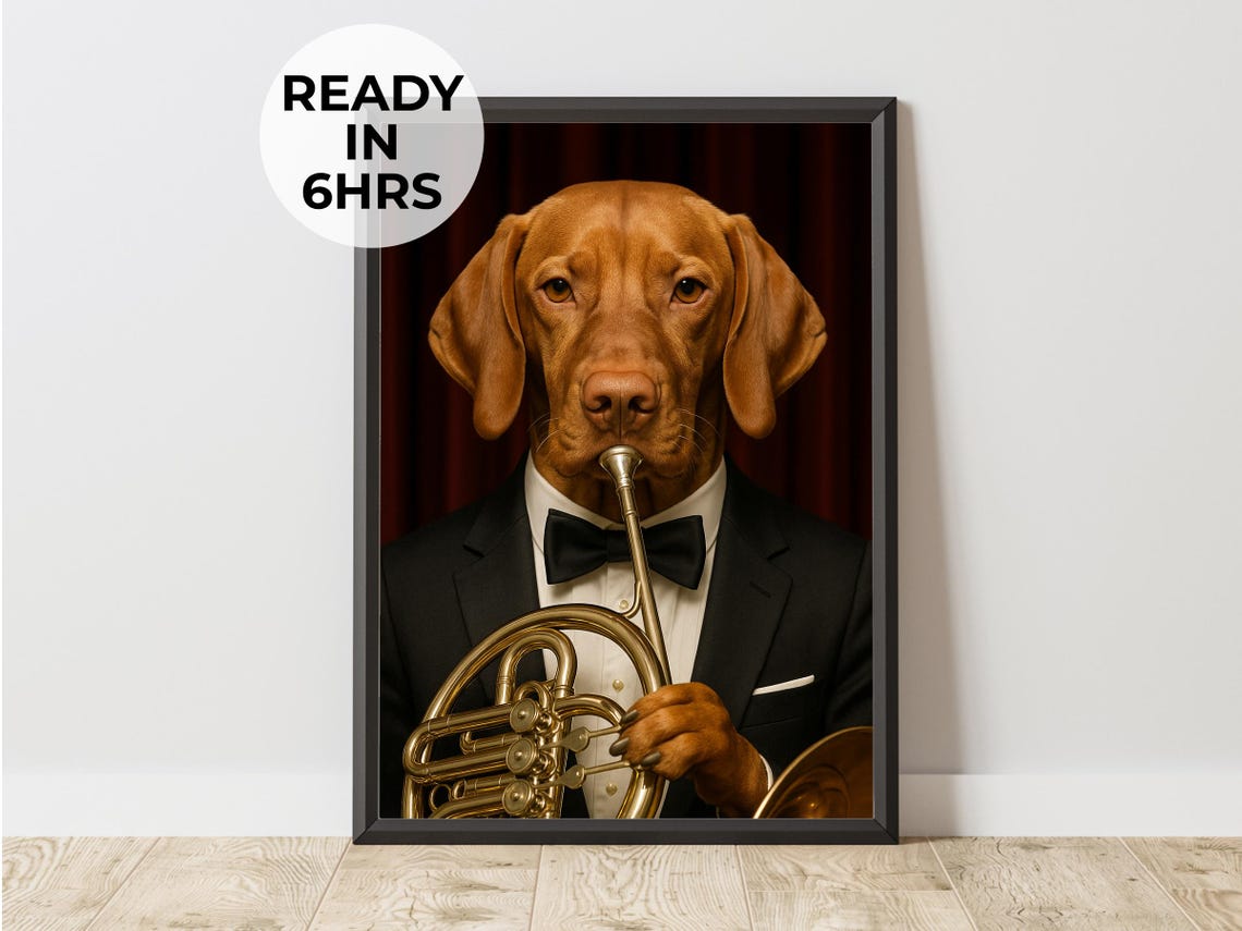 Vizsla In Tuxedo Playing French Horn Orchestra Dog Art Poster