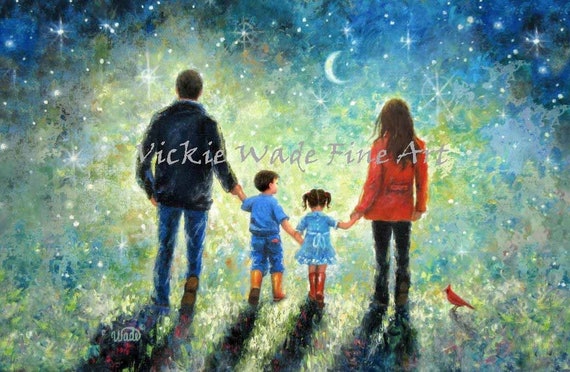 Twilight Walk With Mom And Dad Son And Daughter Boy And Girl Brother And Sister Starry Night Moon Stars Celestial Vickie Wade
