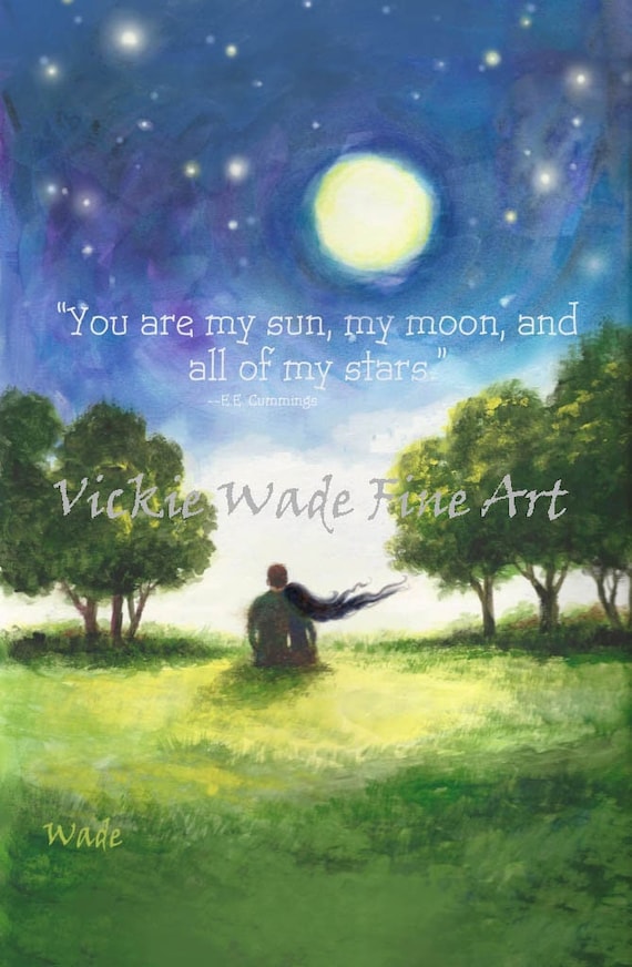 Couple Under a Full Moon with E.E. Cummings Love Quote Poster