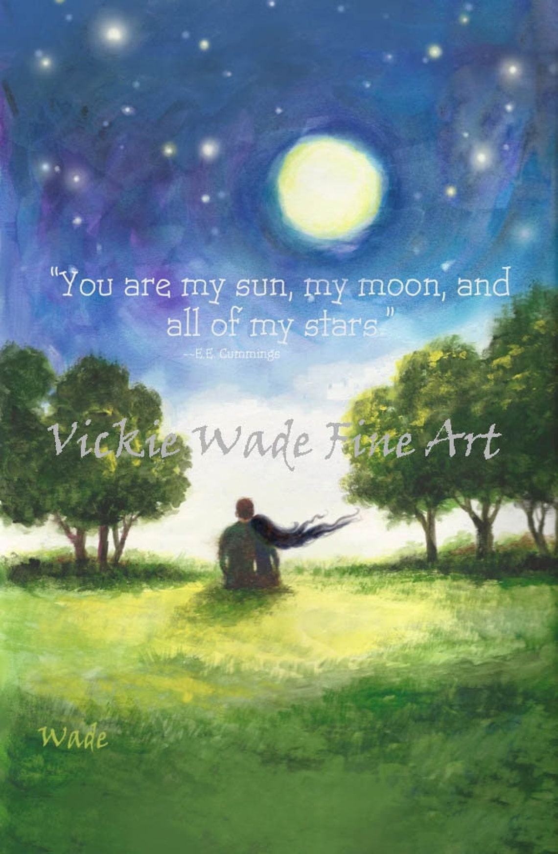 Couple Under a Full Moon with E.E. Cummings Love Quote Poster