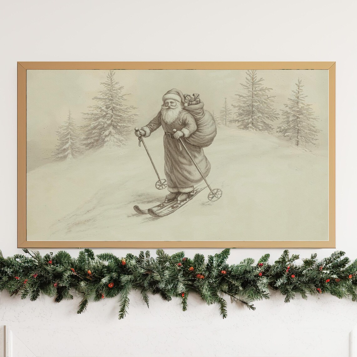 Vintage Santa Claus Skiing Snow Sketch Neutral Christmas Poster - Image 3