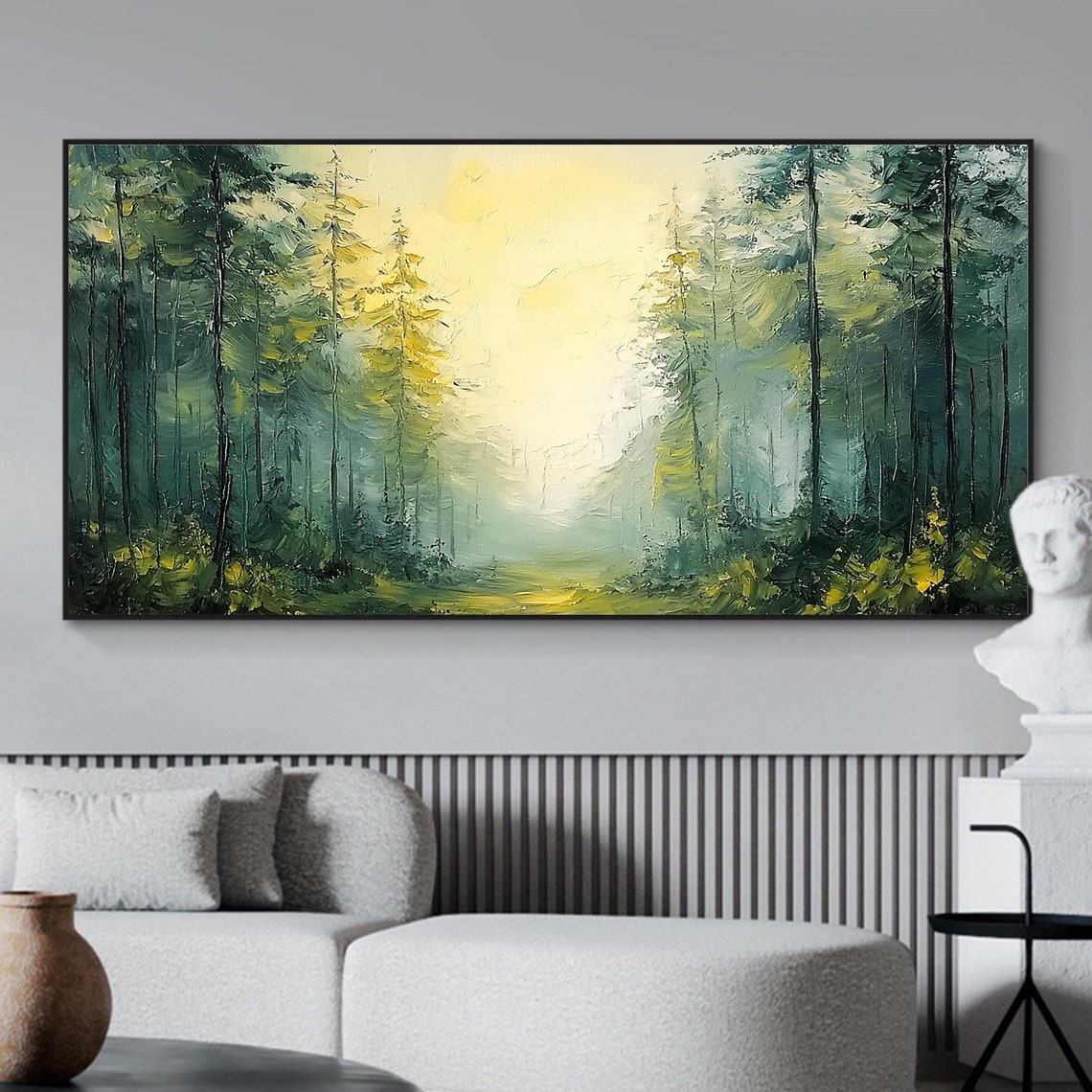 Misty Green Forest Path With Sunbeam Through The Trees Poster
