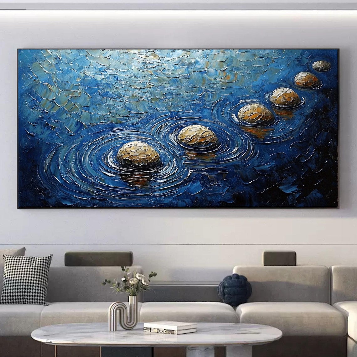 Five Smooth Golden Stones Crossing Dark Blue Water In An Arc Poster