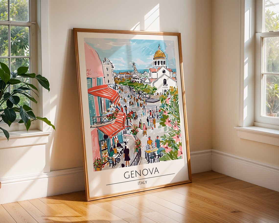 Genova Italy Watercolor Bustling Market Street Church Poster