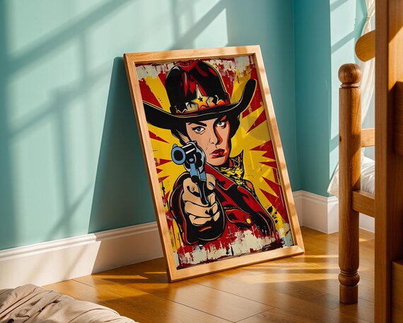 Retro Cowgirl With Revolver Western Pop Art Poster Red Gold Vintage