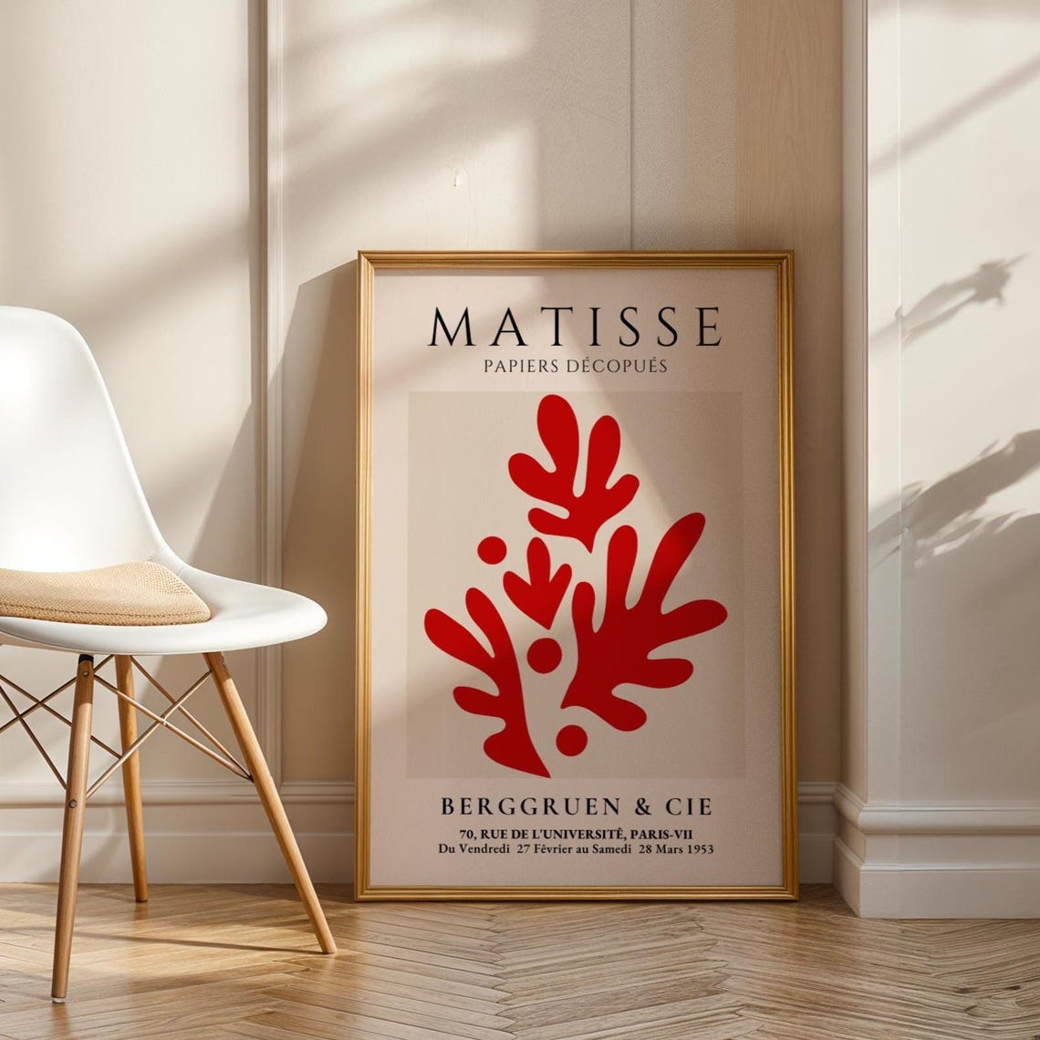 Red Botanical Matisse Style Wall Art Abstract Cutout Leaf Print Modern French Decor Minimalist Midcentury Inspired Poster Kitchen