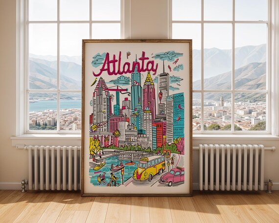 Atlanta Downtown Skyline With Taxis Colorful Cartoon City Poster