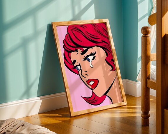 Crying Woman Pop Art Print Retro Comic Style Wall With Pink Hair Bold Colours Vintage Lichtenstein Inspired Home Decor