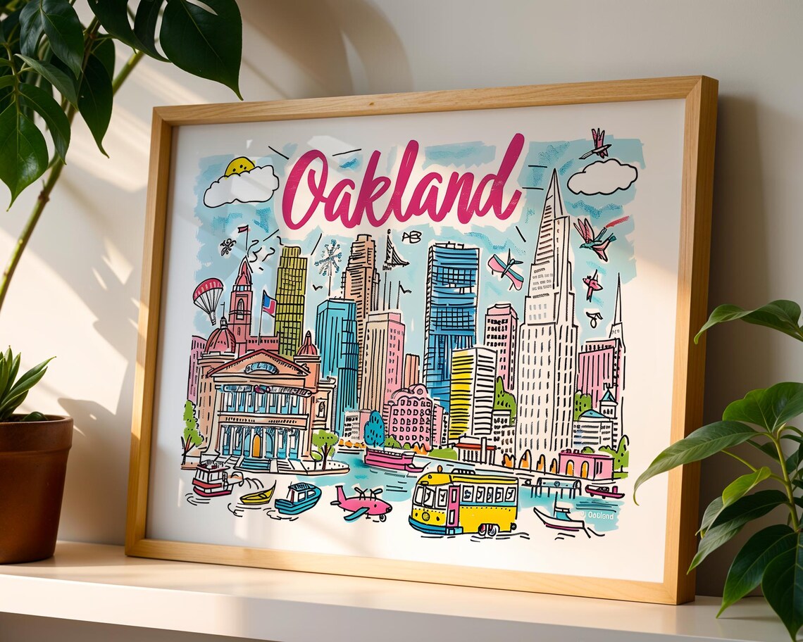 Oakland California Hand Drawn City Skyline Illustrated Travel Poster