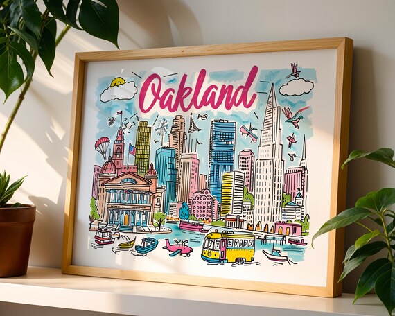 Oakland California Hand Drawn City Skyline Illustrated Travel Poster