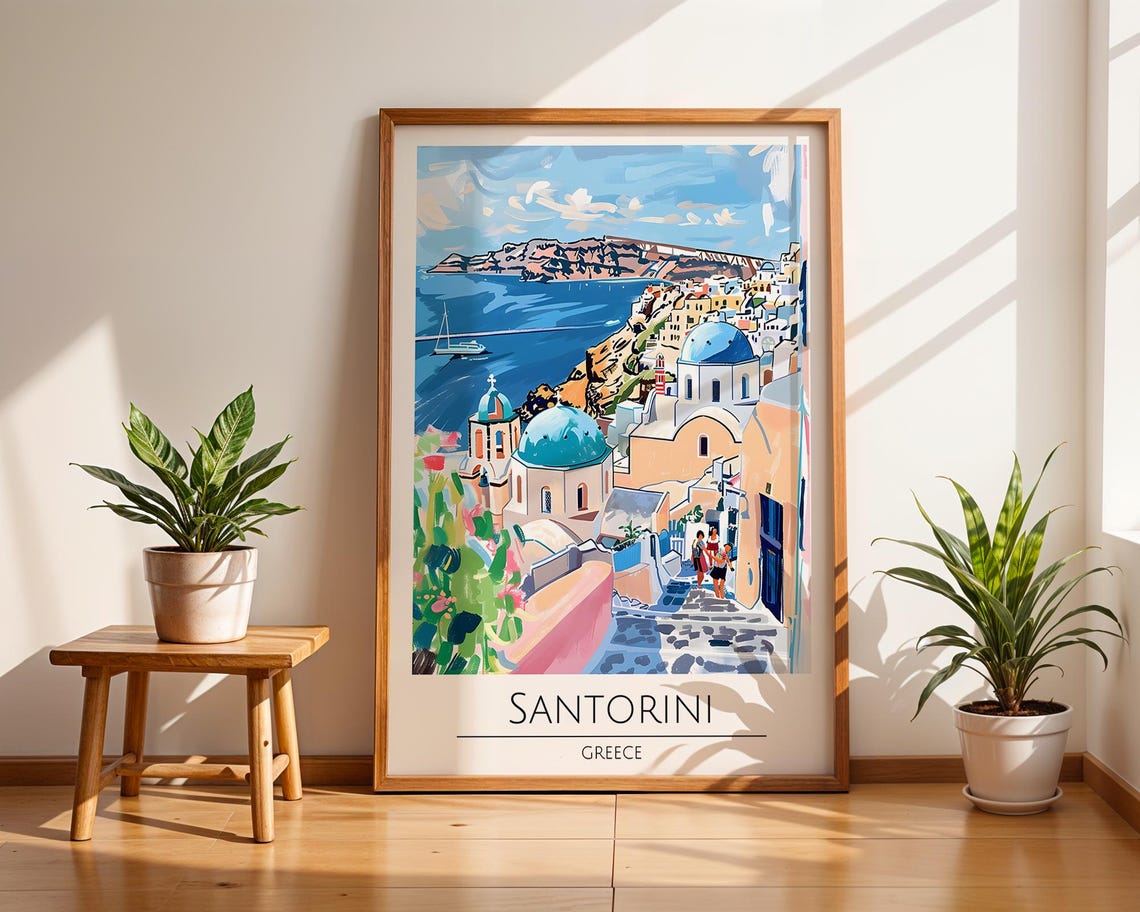 Santorini Greece Blue Domes Aegean Coastline Painting Poster