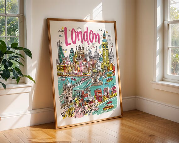 London Cityscape Art Print, Big Ben and Tower Bridge