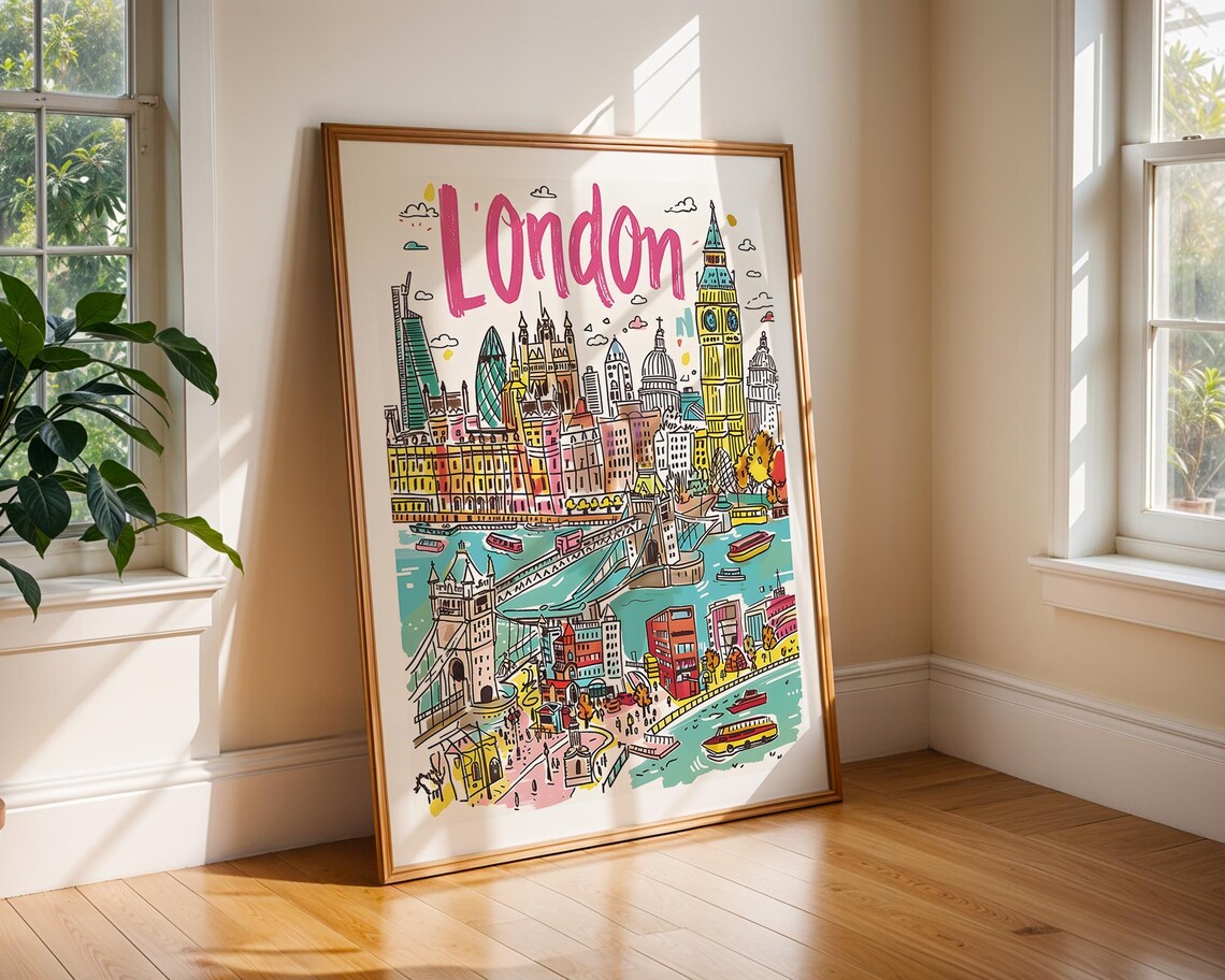London Cityscape Art Print, Big Ben and Tower Bridge