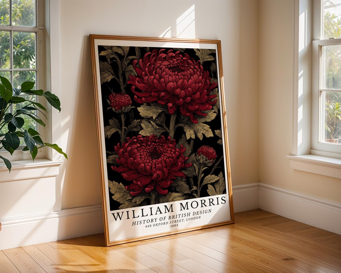 William Morris Red Chrysanthemum Vintage Botanical Art Print