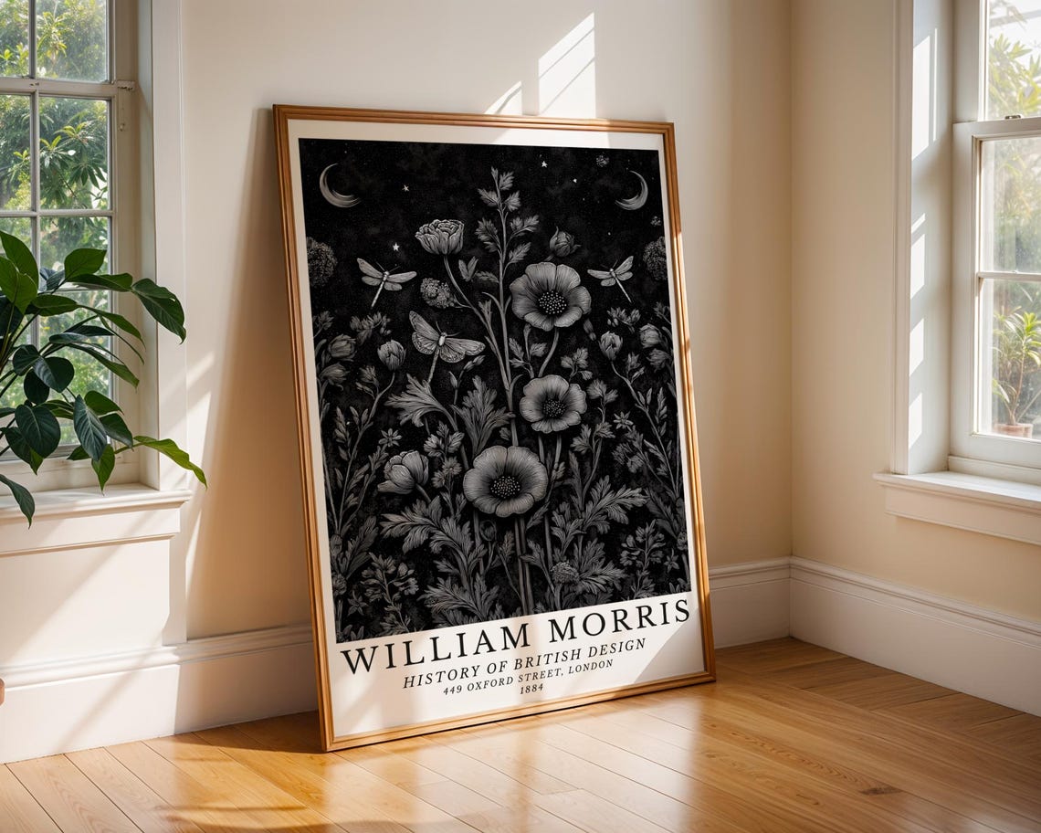 Monochrome Moonlit Garden With Dragonflies Morris Style Poster