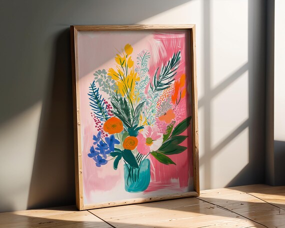 Modern Floral Wall Art Print Colourful Botanical Vase Painting Bold Contemporary Flower Artwork For Living Room Or Kitchen Decor