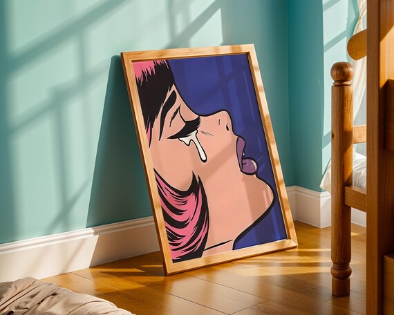 Crying Pop Art Girl Print Retro Comic Style Wall Bold Midcentury Illustration With Pink Hair Purple Lips Vintage Home Decor