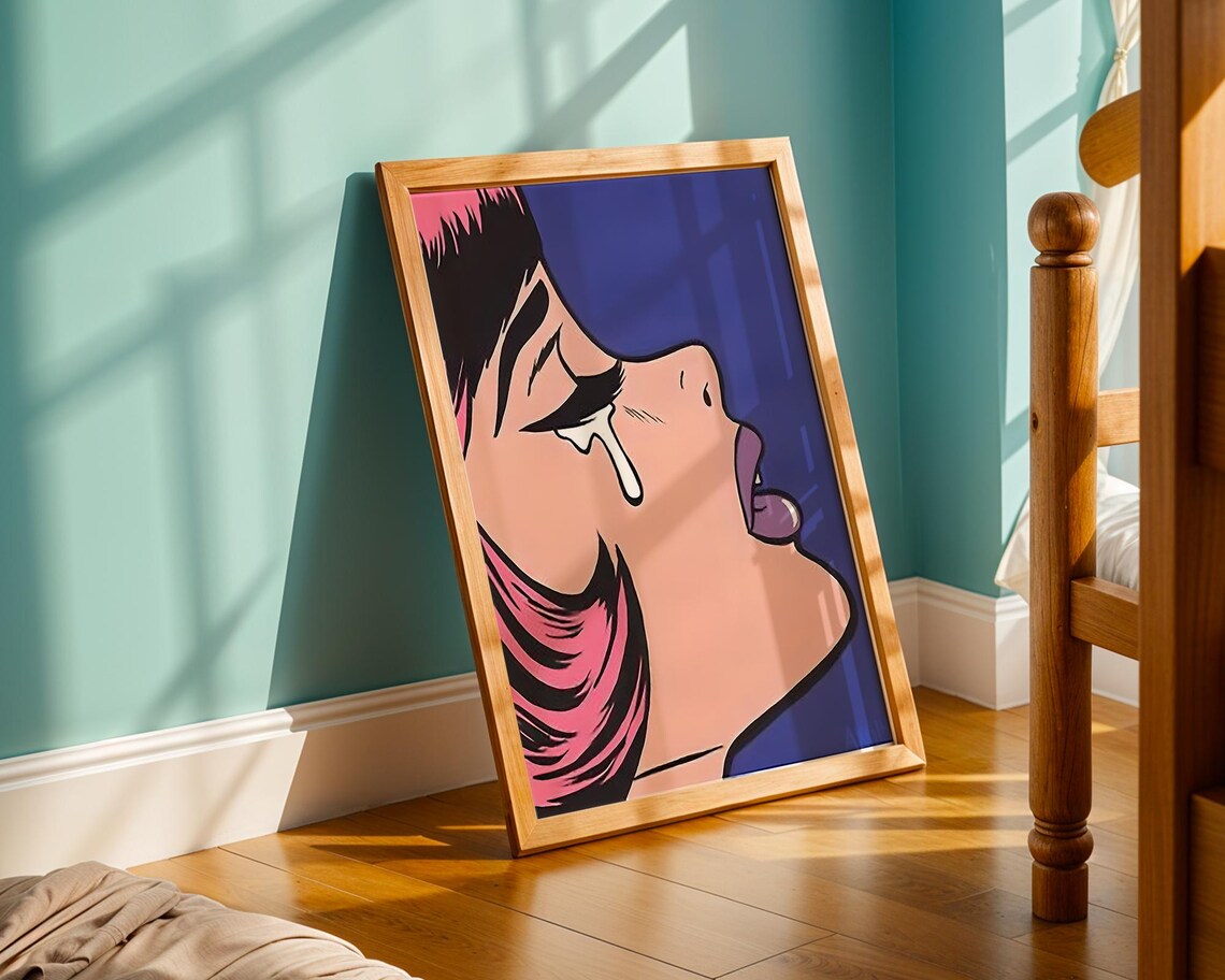 Crying Woman Pop Art Poster With Pink Hair Purple Lips Emotional