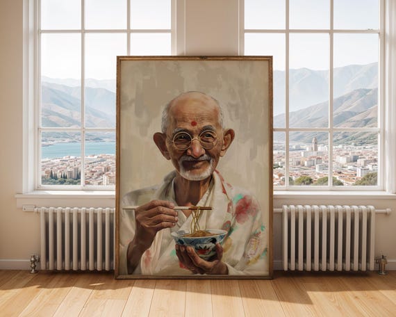 Mahatma Gandhi Ramen Art Print Peaceful Humour Wall Decor Unique Gift For Thinkers Japaneseinspired Minimal Noodle Poster