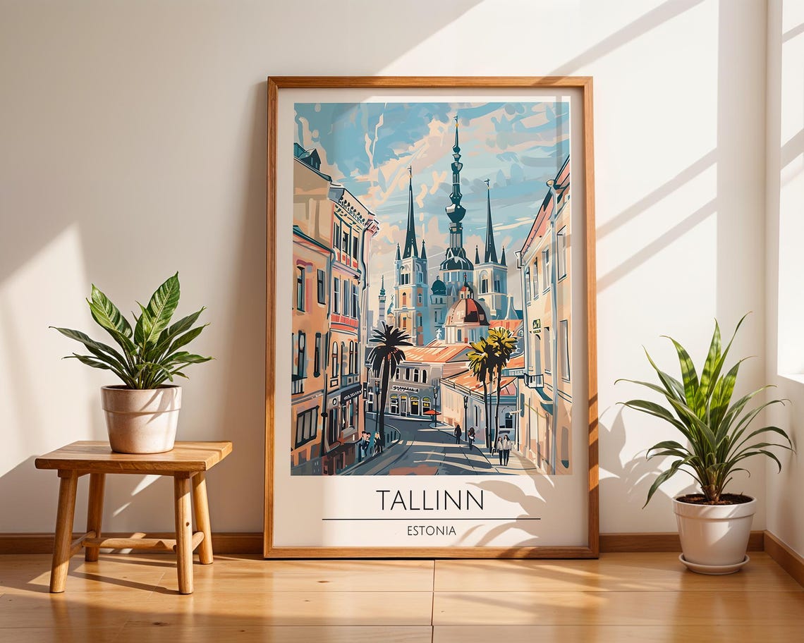 Tallinn Estonia Old Town Skyline Poster Colourful Baltic Travel Wall Art Historic City Illustration For European Home Decor Bedroom