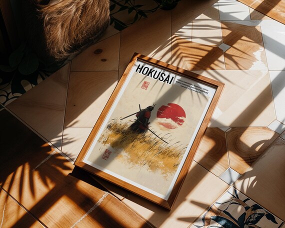 Hokusai Samurai Warrior Red Sun Japanese Woodblock Style Poster