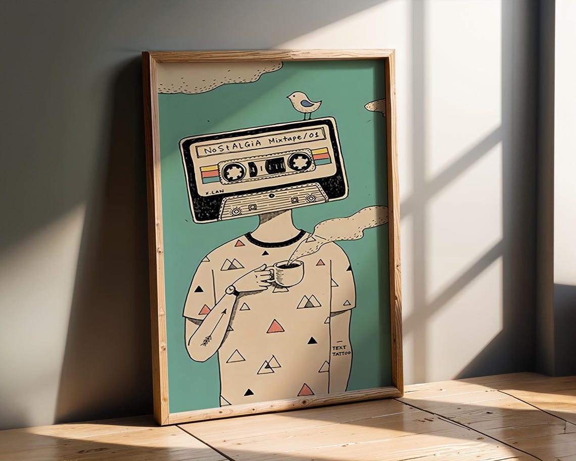Retro Cassette Tape Head Coffee Nostalgia Quirky Pop Art Print