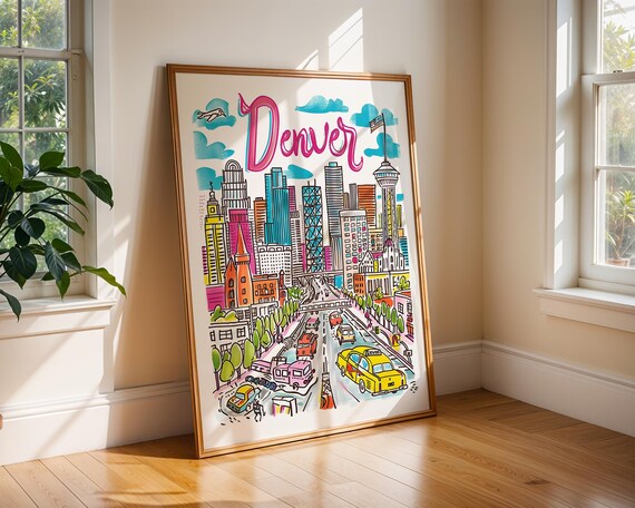 Denver Colorado Colorful Illustrated Downtown Skyline Travel Poster