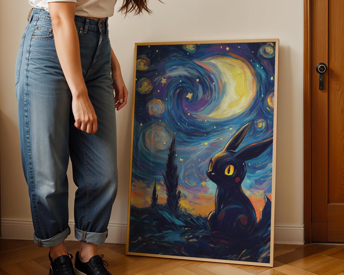 Umbreon Gazing at Swirling Starry Night Sky Van Gogh Style Art Poster