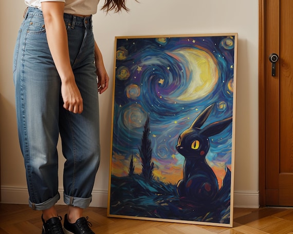 Van Goghinspired Umbreon Print With Swirling Sky Elegant Pokmon Starry Night Wall Art Dark Type Decor For Fans Collectors