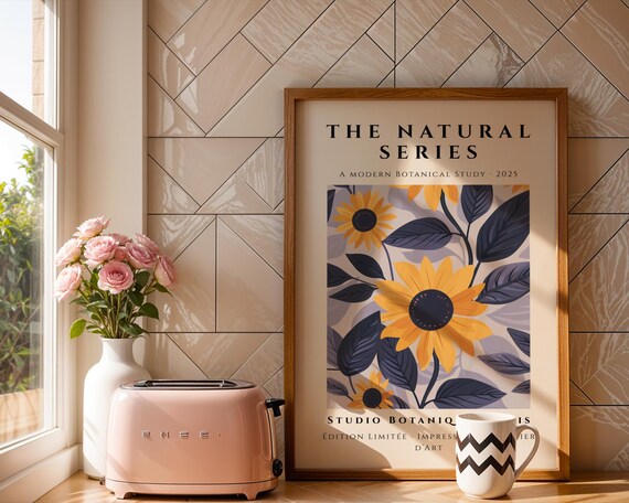 Sunflower And Indigo Leaves Modern Yellow Floral Botanical Print For Bold Interiors Kitchen Art Girly Office Living Room Gift