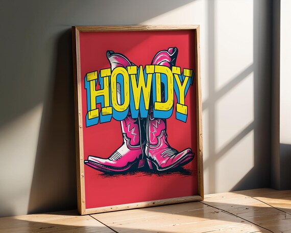 Howdy Cowboy Boots Western Red Background Retro Decor Art Poster