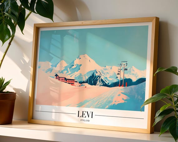 Levi Finland Ski Resort Poster Print Nordic Winter Travel Wall Art Lapland Snow Mountain Scene Lodge Decor