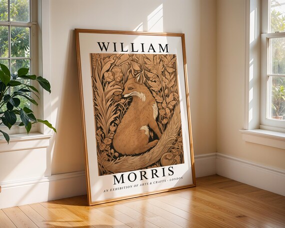 Seated Fox Print William Morris Inspired Wall Art Golden Botanical Animal Poster Arts Crafts Nature Decor Lounge Artwork Office